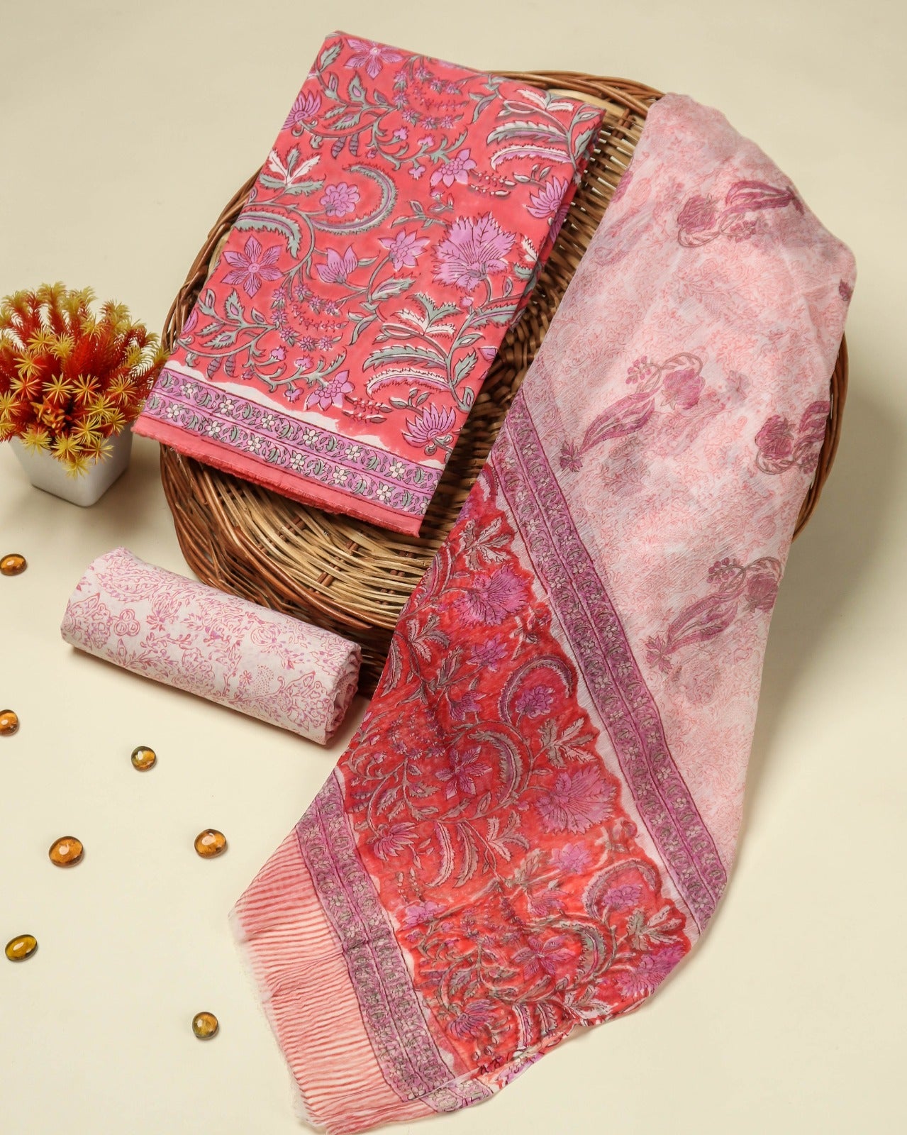 Shop jaipuri print cotton suit sets with chiffon dupatta (PCHF128)