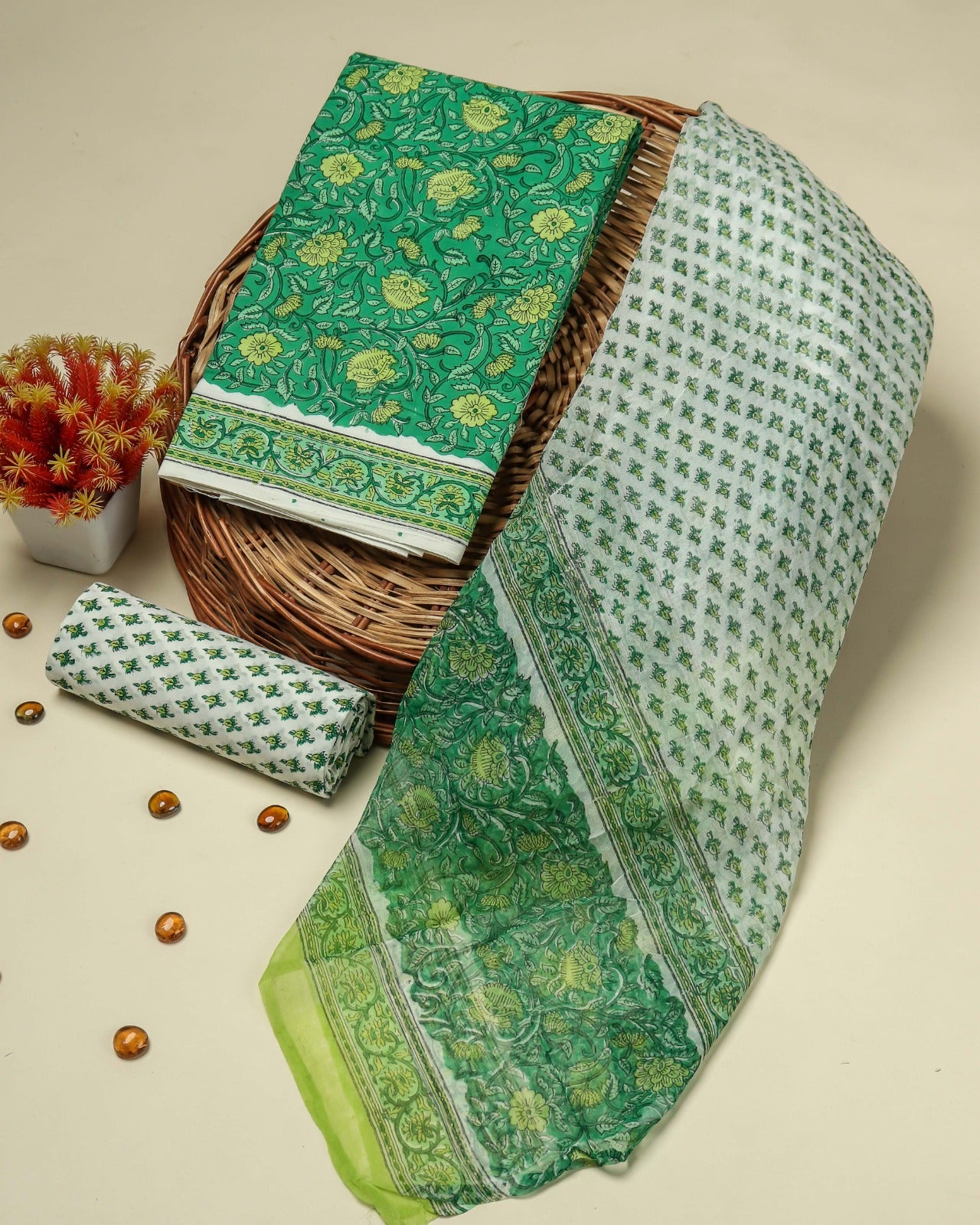 Shop green jaal print cotton suits with chiffon dupatta online (PCHF139)