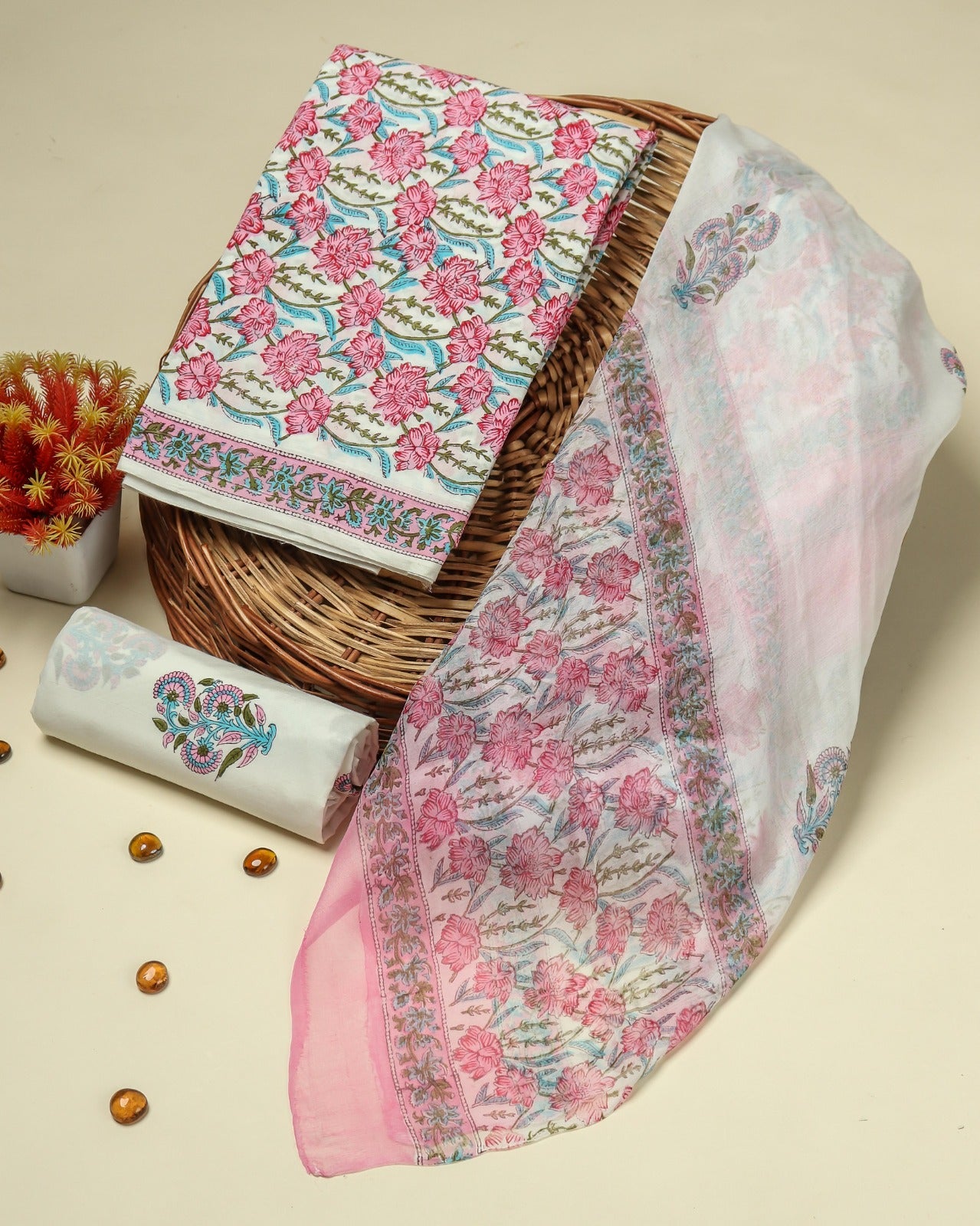 Shop unstitched block print cotton suits with chiffon dupatta (PCHF144)