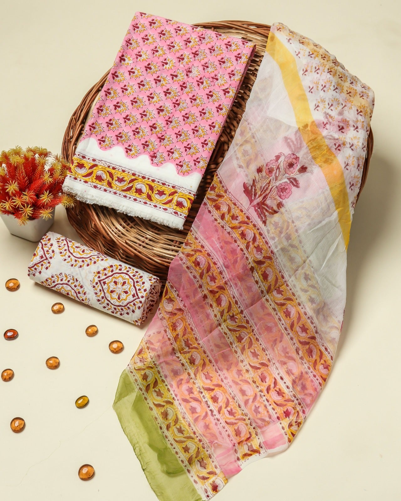 Shop unstitched block printed cotton suits with chiffon dupatta (PCHF150)