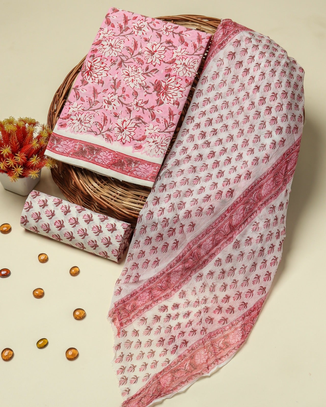 Shop pink jaal print cotton suits with chiffon dupatta (PCHF154)