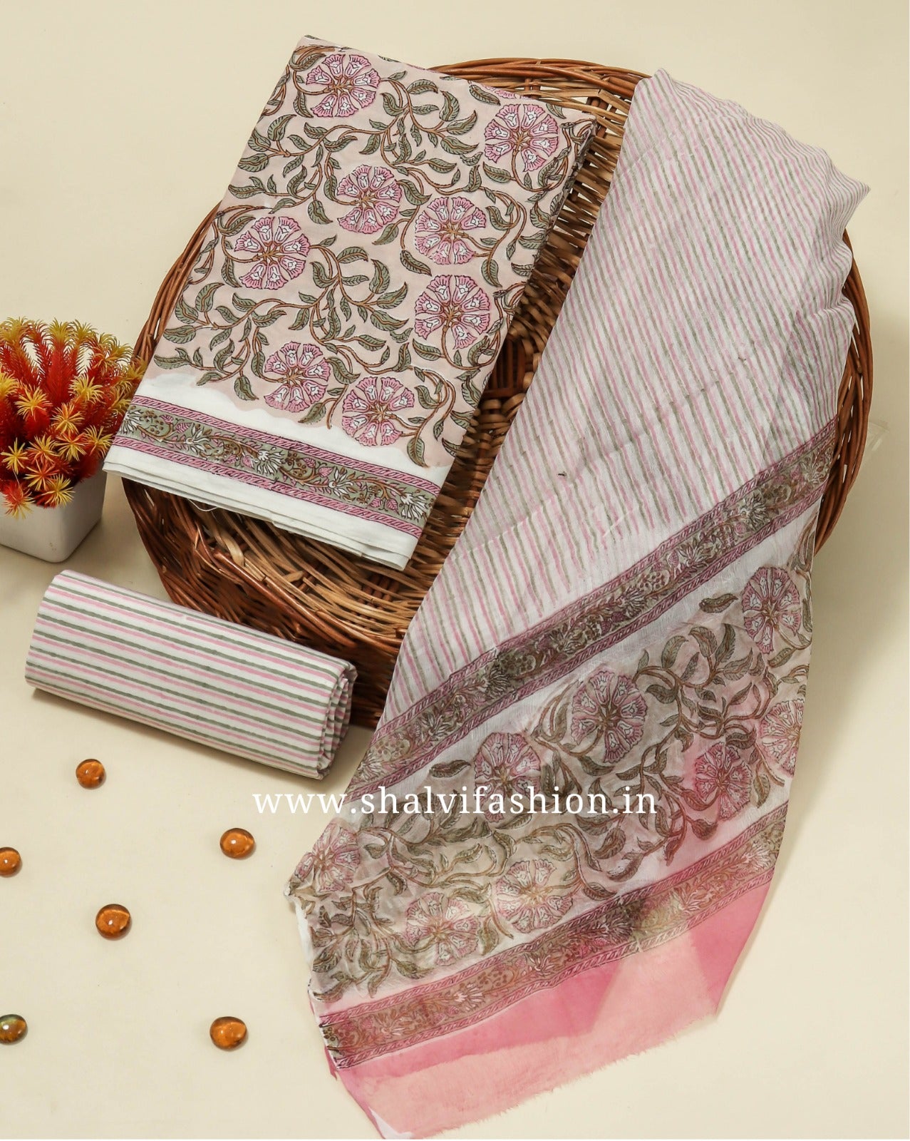 Shop unstitched block print cotton suits with chiffon dupatta (PCHF167)