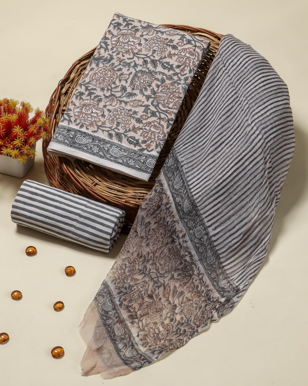 Floral Jaal Print Cotton Suit Set with Chiffon Dupatta (PCHF188)