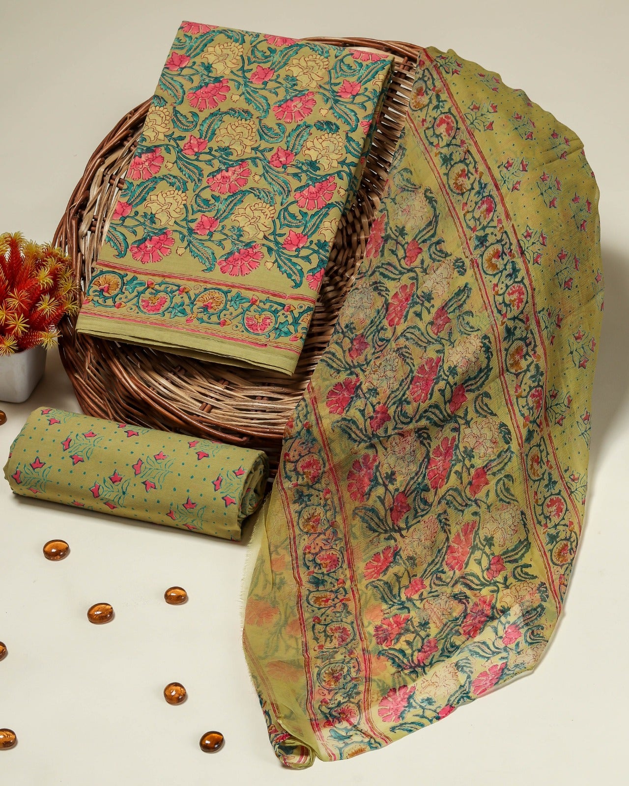 Shop Unstitched Hand Block Print Pure Cotton Suits with Chiffon Dupatta (PCHF232)