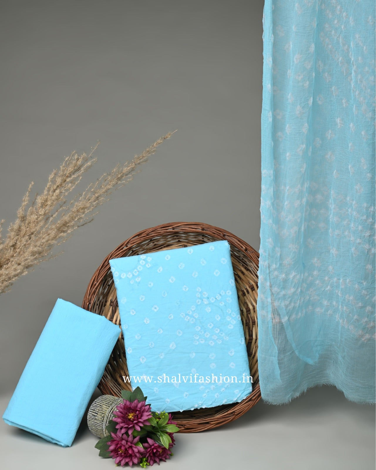 Shop bandhani print cotton suits with chiffon dupatta (PCHF245)