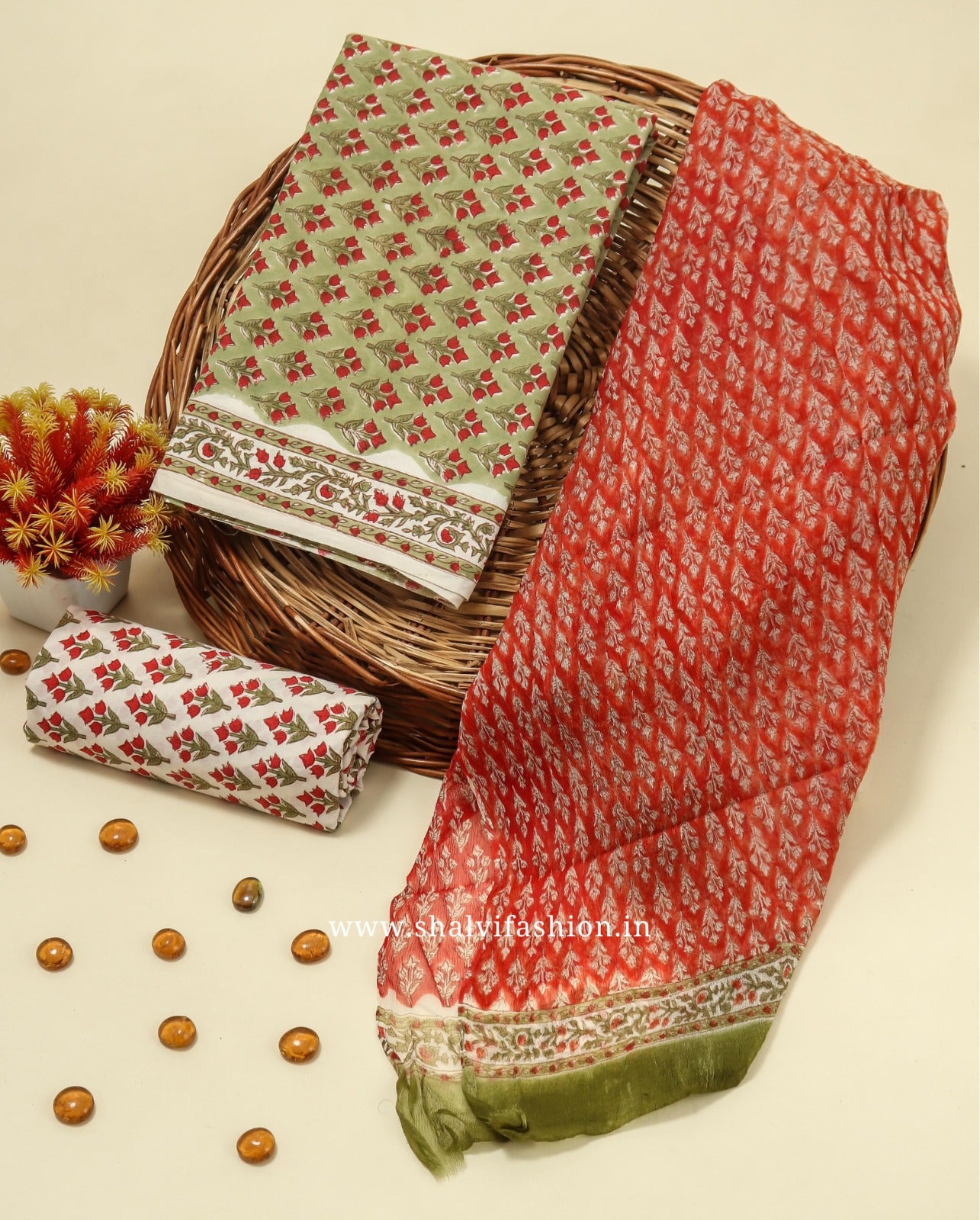 Shop green buti print cotton suits with chiffon dupatta (PCHF267)