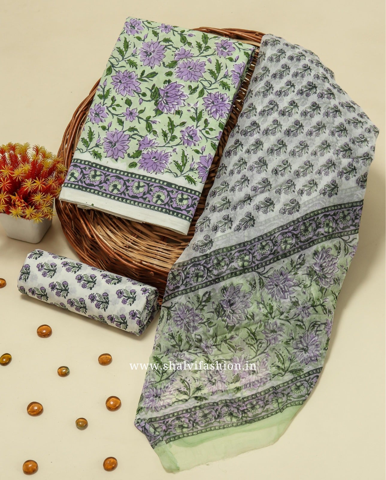 Shop hand block print chiffon dupatta cotton suits (PCHF274)