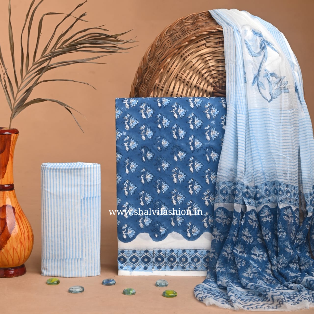 Shop unstitched block printed cotton suits with chiffon dupatta (PCHF323)