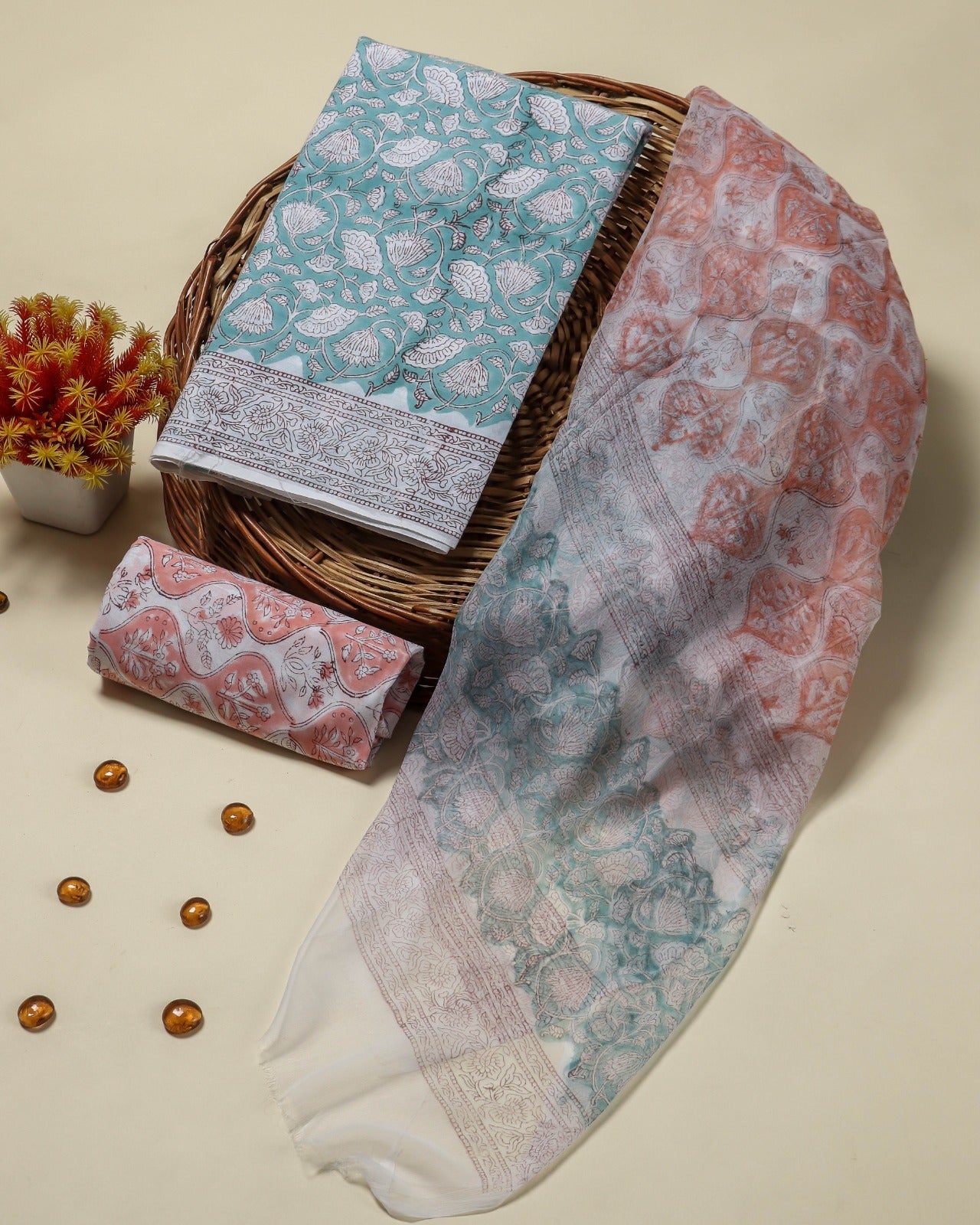 Shop block print cotton suits with chiffon dupatta (PCHF354)