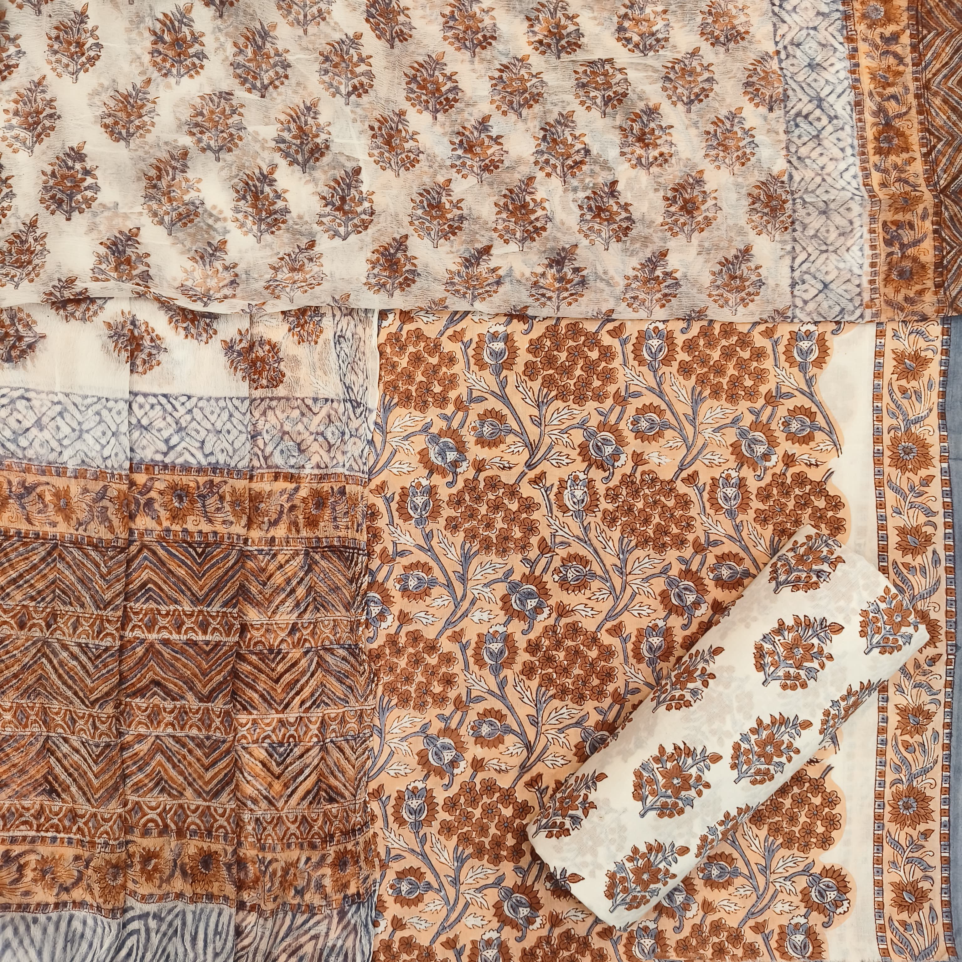 Shop unstitched hand block print cotton suit sets with chiffon dupatta (PCHF379)