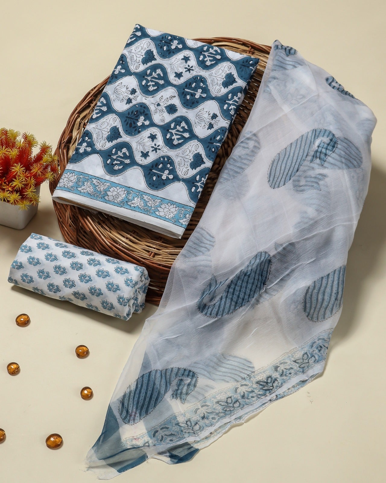 Shop hand block print cotton suits with chiffon dupatta online (PCHF40)