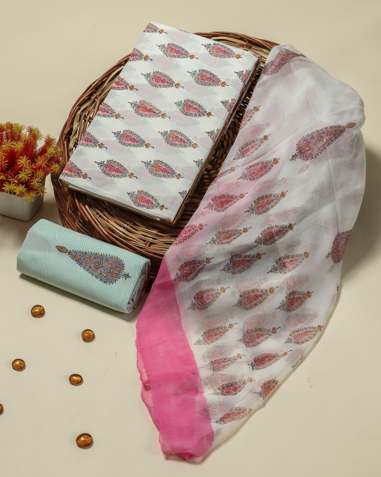 Shop unstitched block print cotton suit sets with chiffon dupatta (PCHF47)