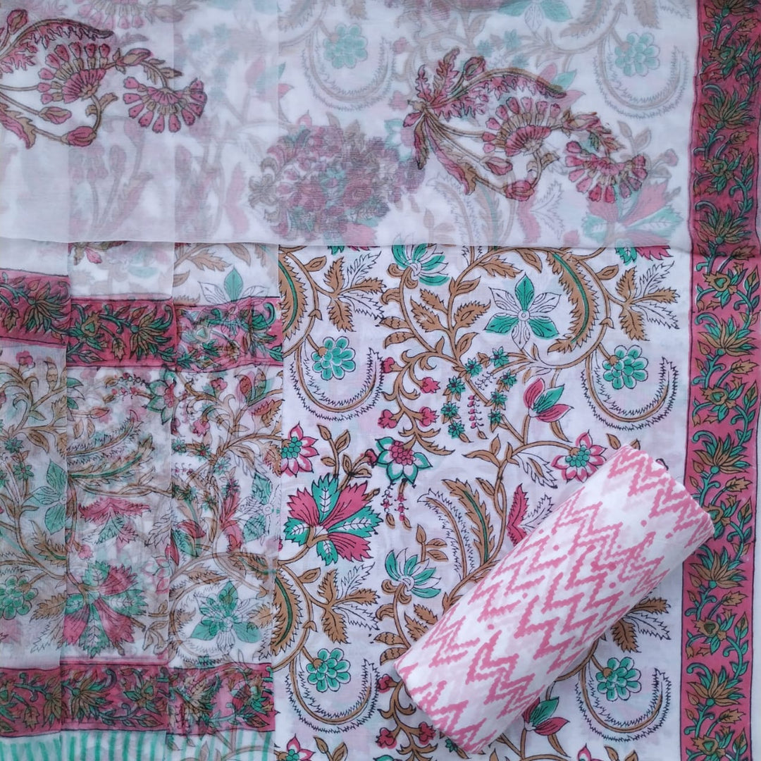 Shop block print cotton suits with chiffon dupatta (PCHF503)