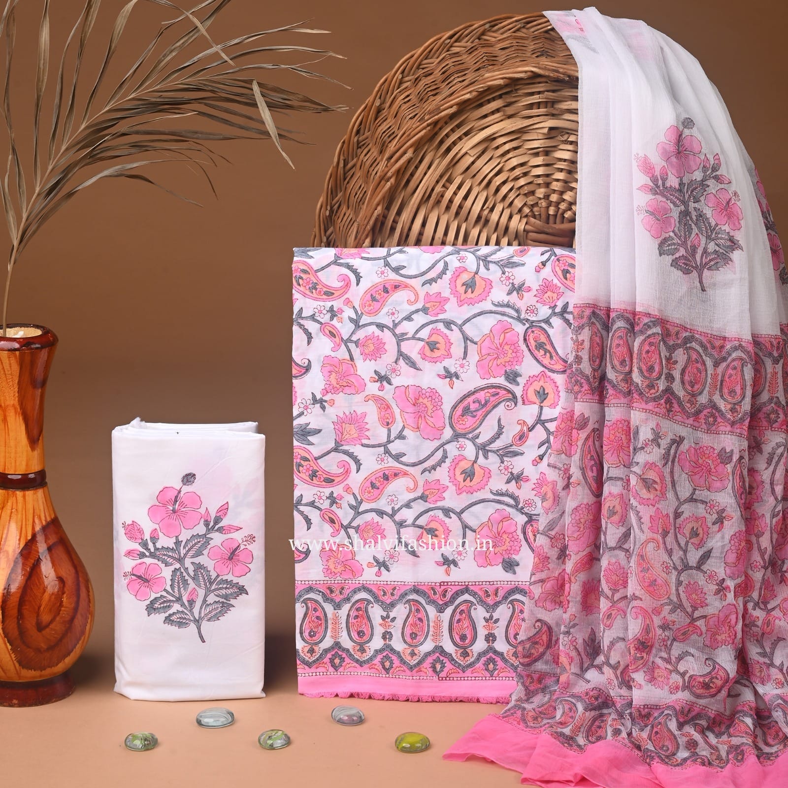 Shop hand block print cotton suits with chiffon dupatta (PCHF507)
