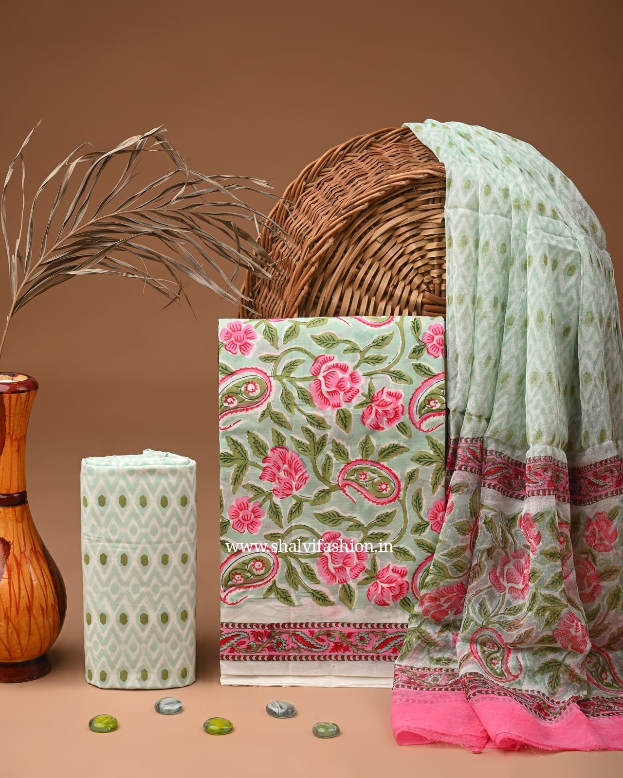 Shop block print cotton suits with chiffon dupatta (PCHF522)