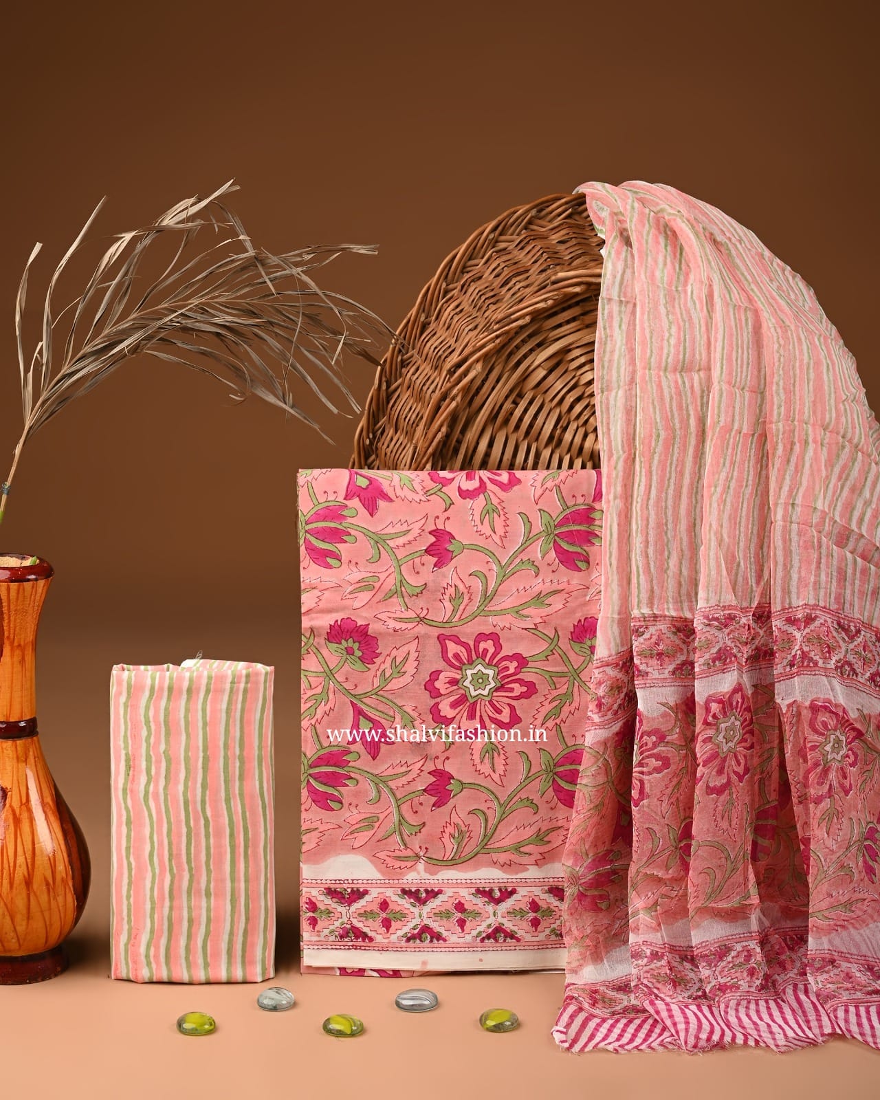 Shop block printed cotton suits with chiffon dupatta (PCHF530)