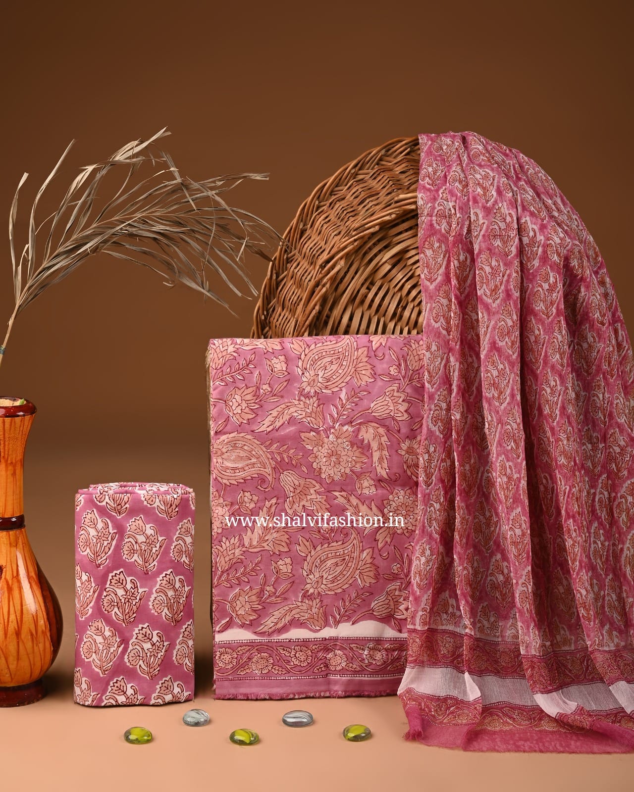 Shop jaipuri printed cotton suits with chiffon dupatta (PCHF531)