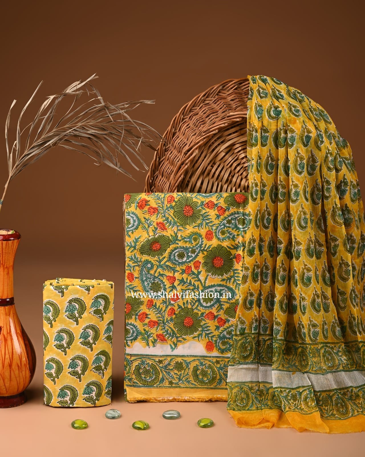 Shop unstitched block print cotton suits with chiffon dupatta (PCHF532)