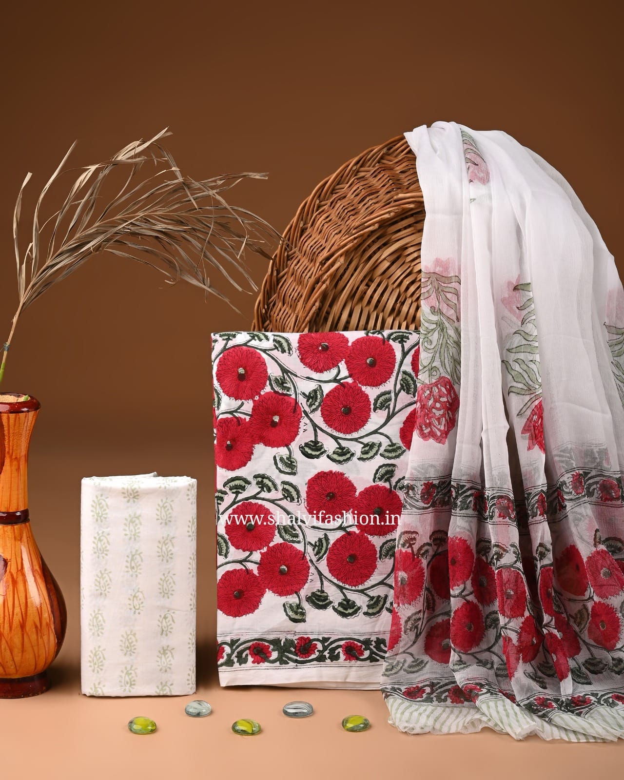 Shop traditional block print cotton suits with chiffon dupatta (PCHF535)