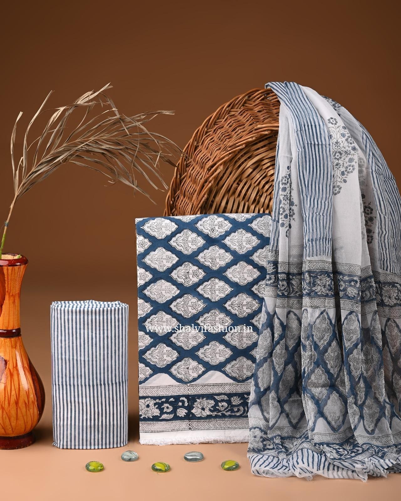 Shop block printed pure cotton suits with chiffon dupatta (PCHF539)