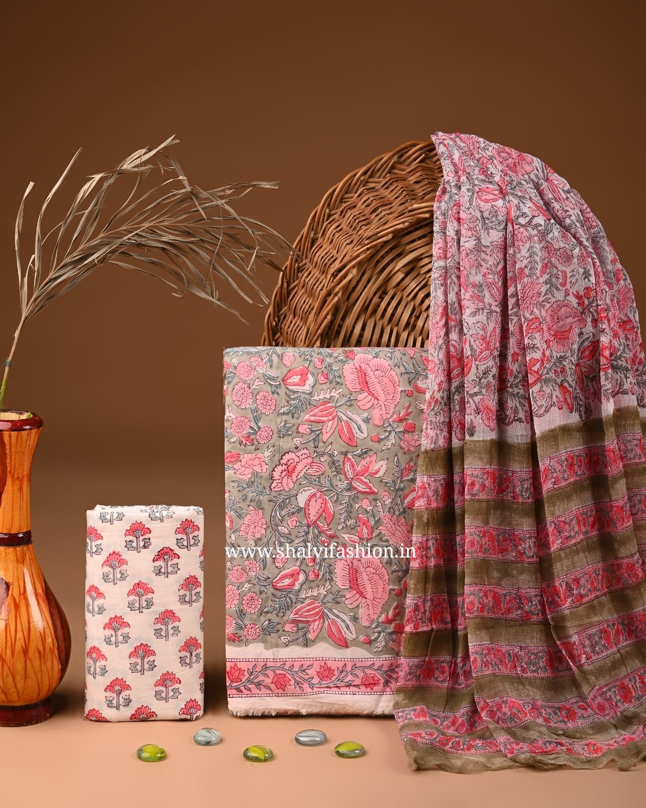 Shop block printed cotton suits with chiffon dupatta (PCHF543)