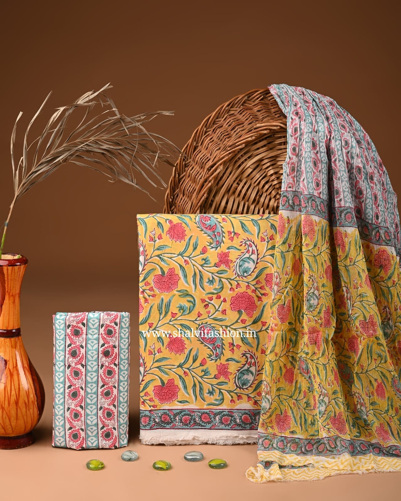 Shop block printed cotton suits with chiffon dupatta (PCHF546)