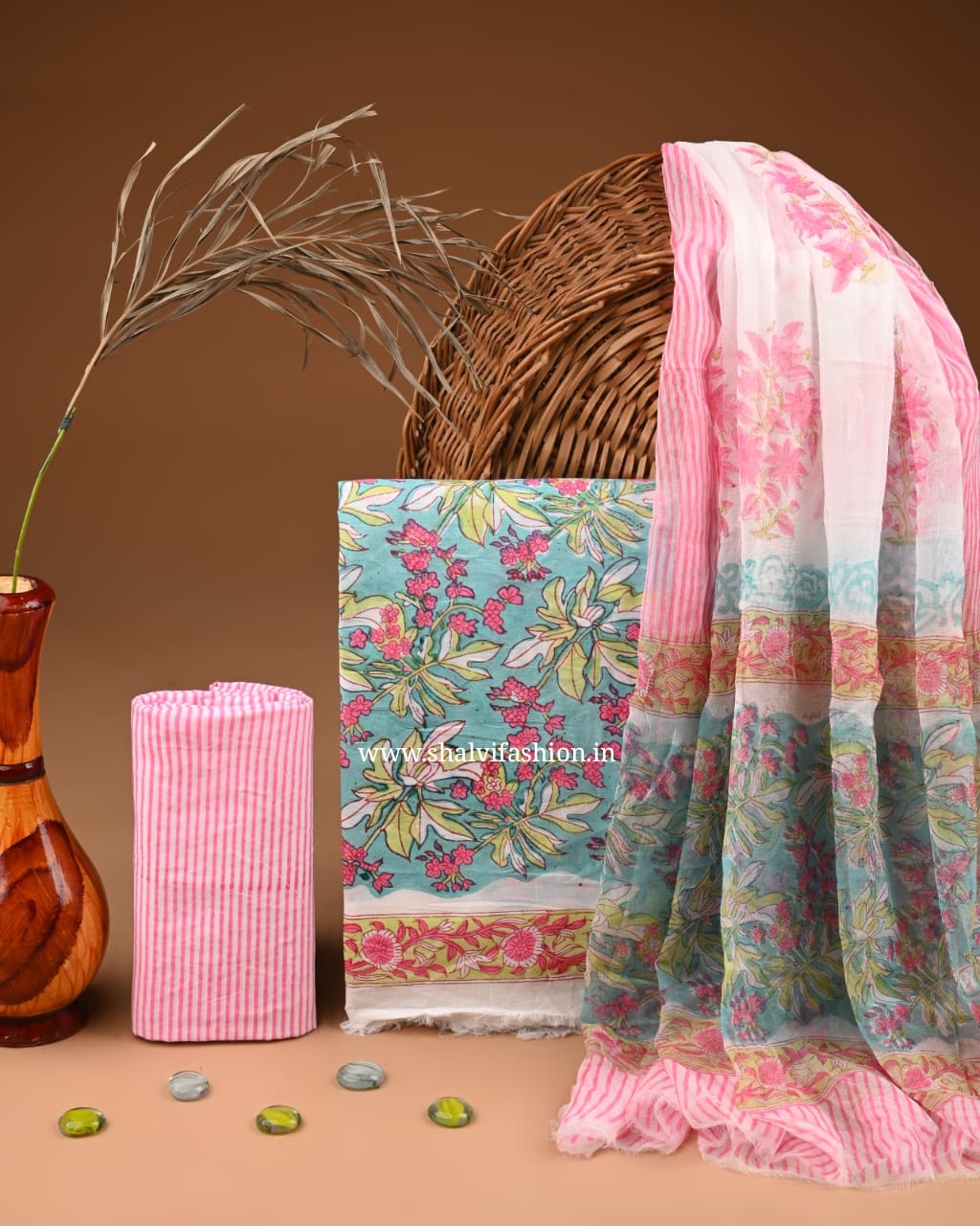 Shop block print cotton suits with chiffon dupatta online shopping (PCHF556)