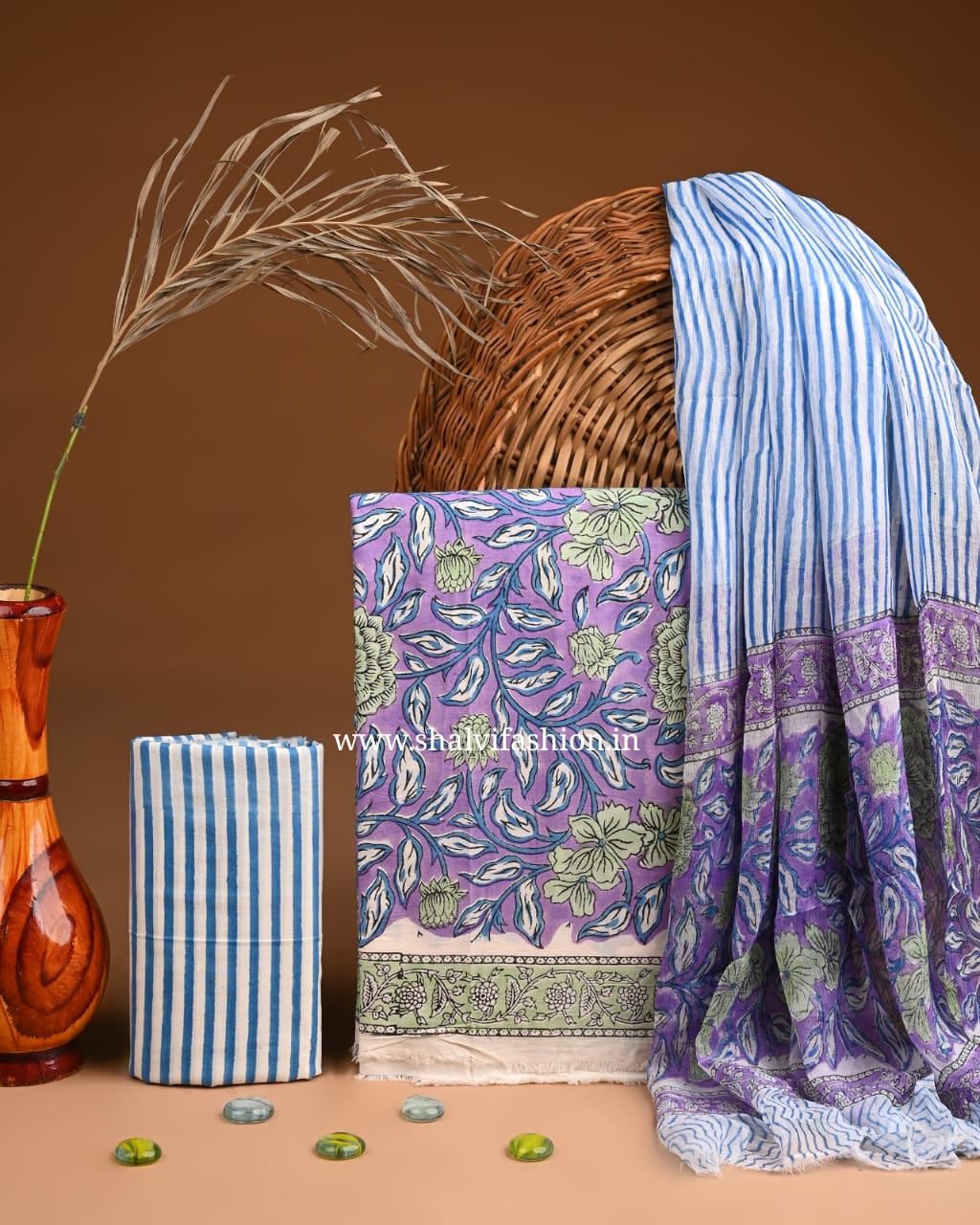 Shop block printed cotton suits with chiffon dupatta (PCHF557)