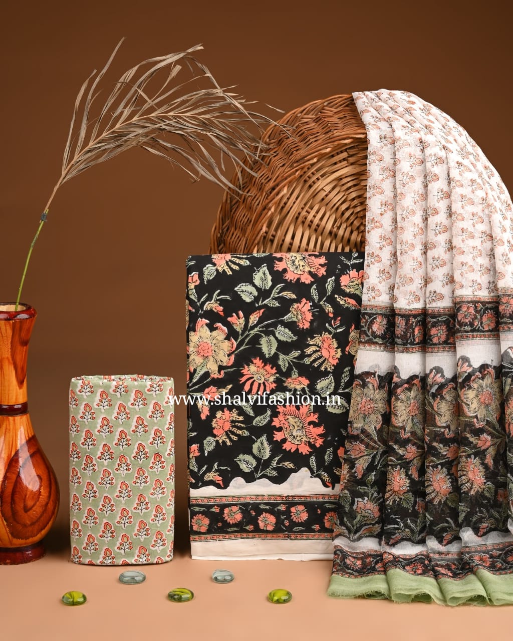 Shop hand block printed cotton suits with chiffon dupatta (PCHF561)
