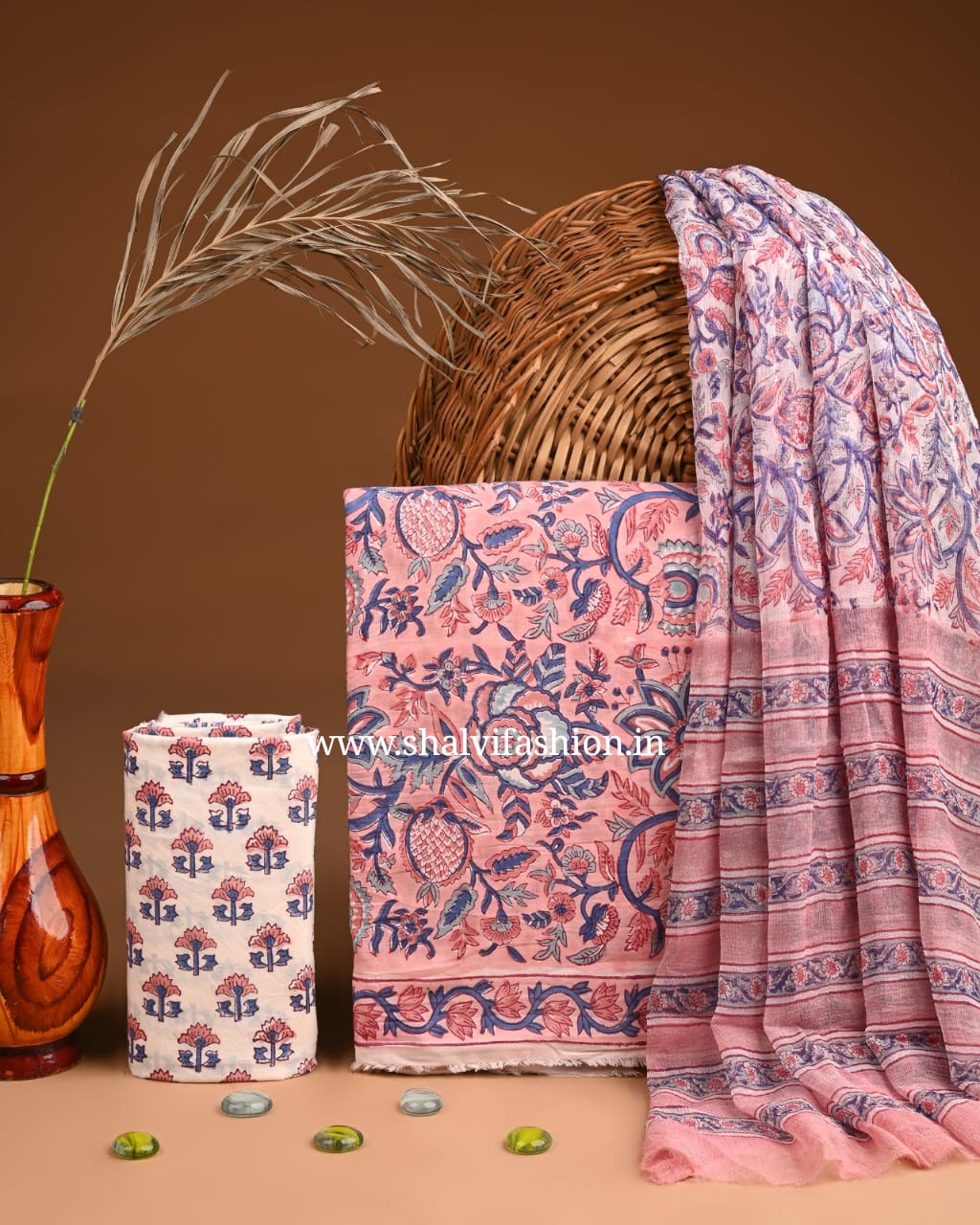 Shop block print chiffon dupatta cotton suits online (PCHF562)