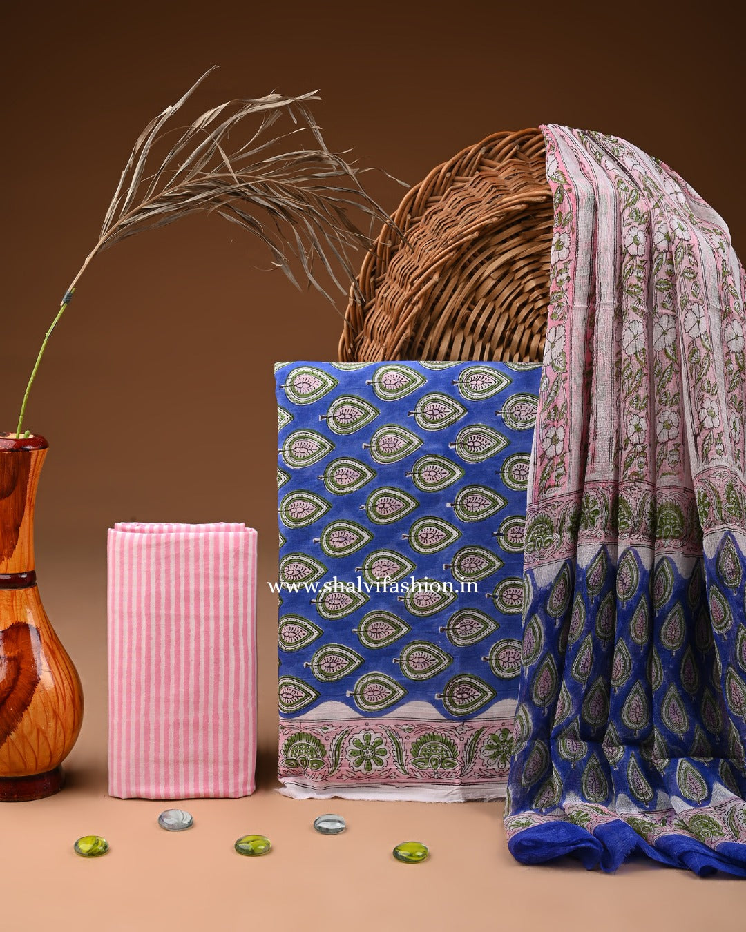 Shop block printed cotton suits with chiffon dupatta online (PCHF563)