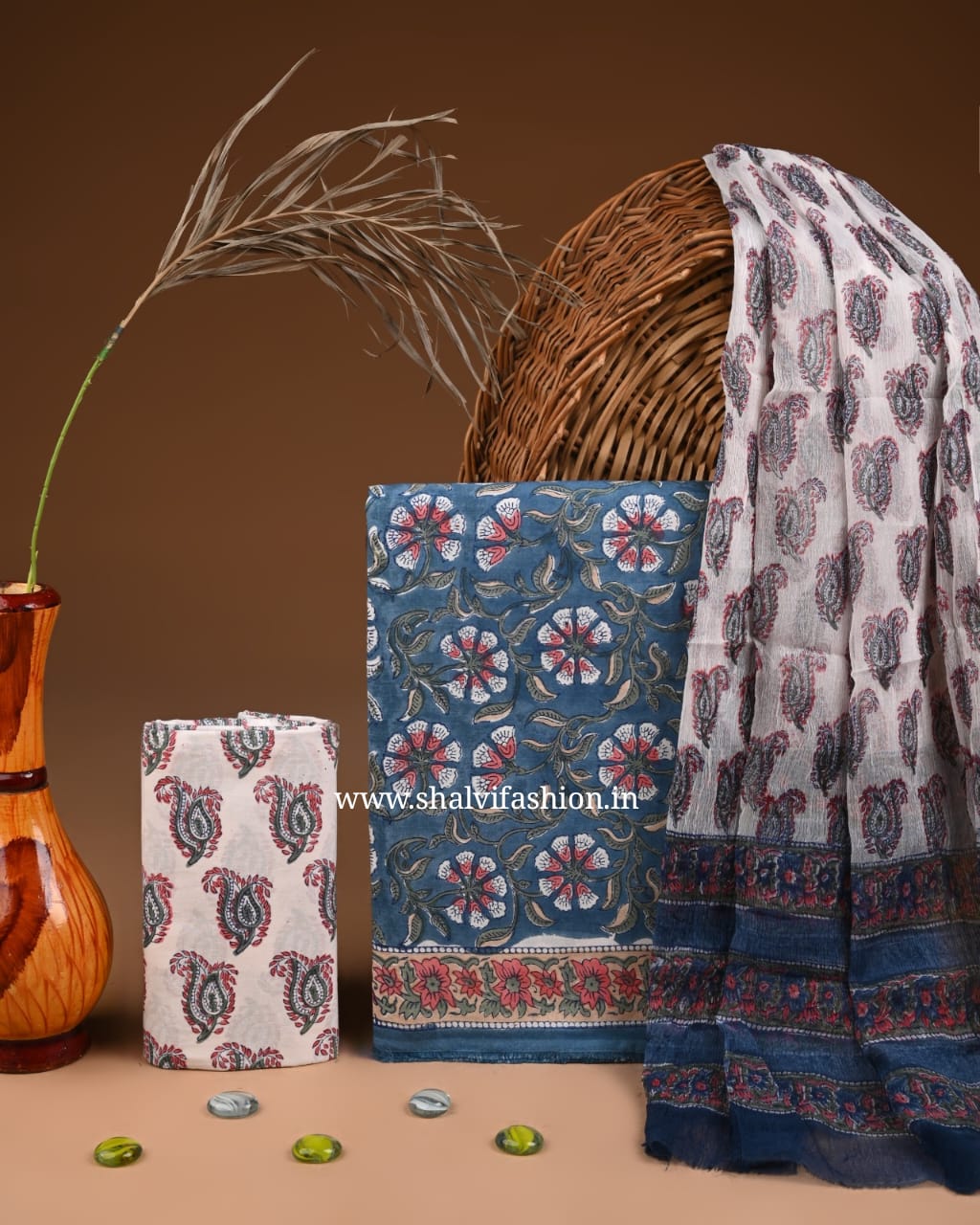 Shop unstitched block print cotton suits with chiffon dupatta (PCHF571)
