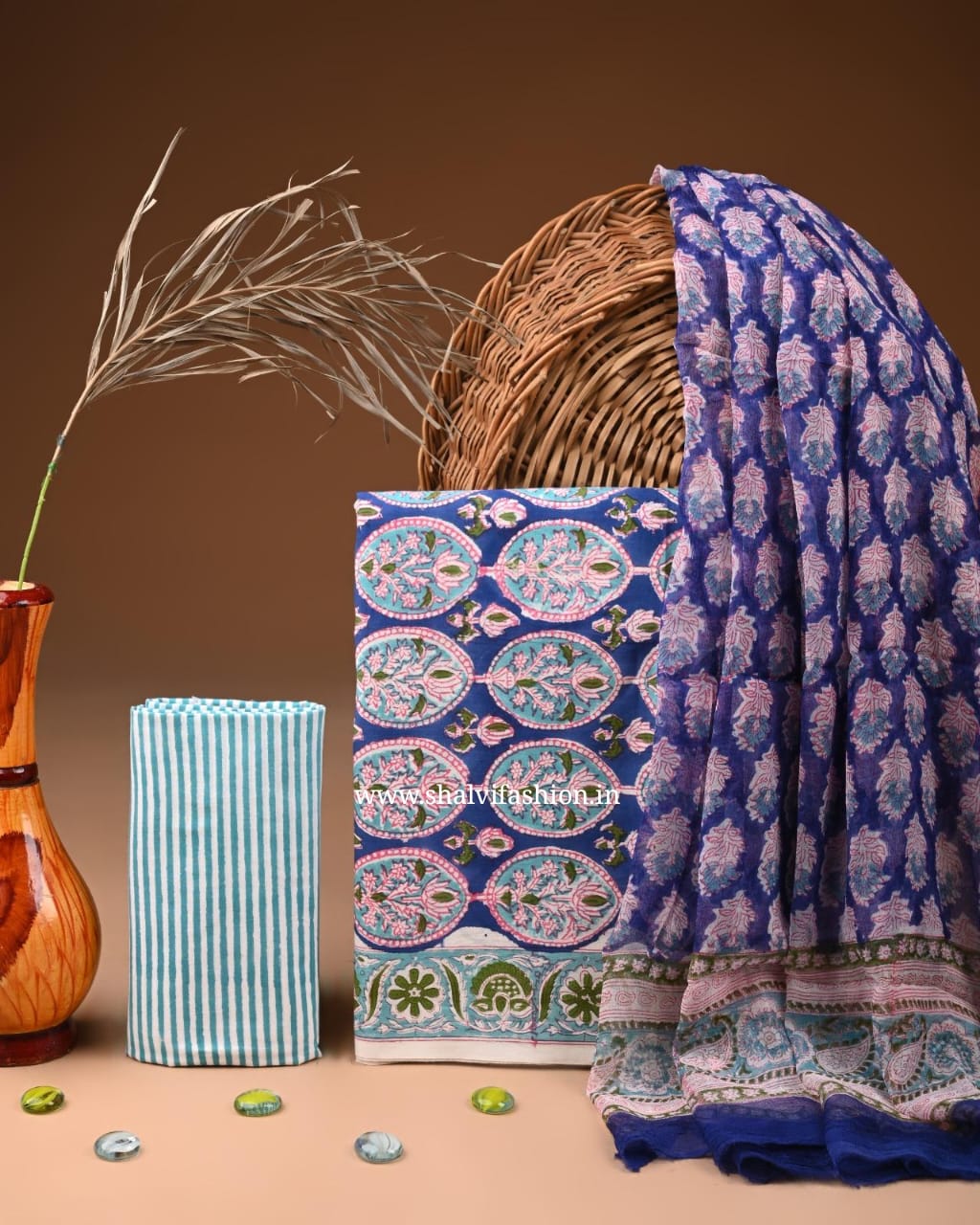 Shop block print cotton suits with chiffon dupatta (PCHF573)