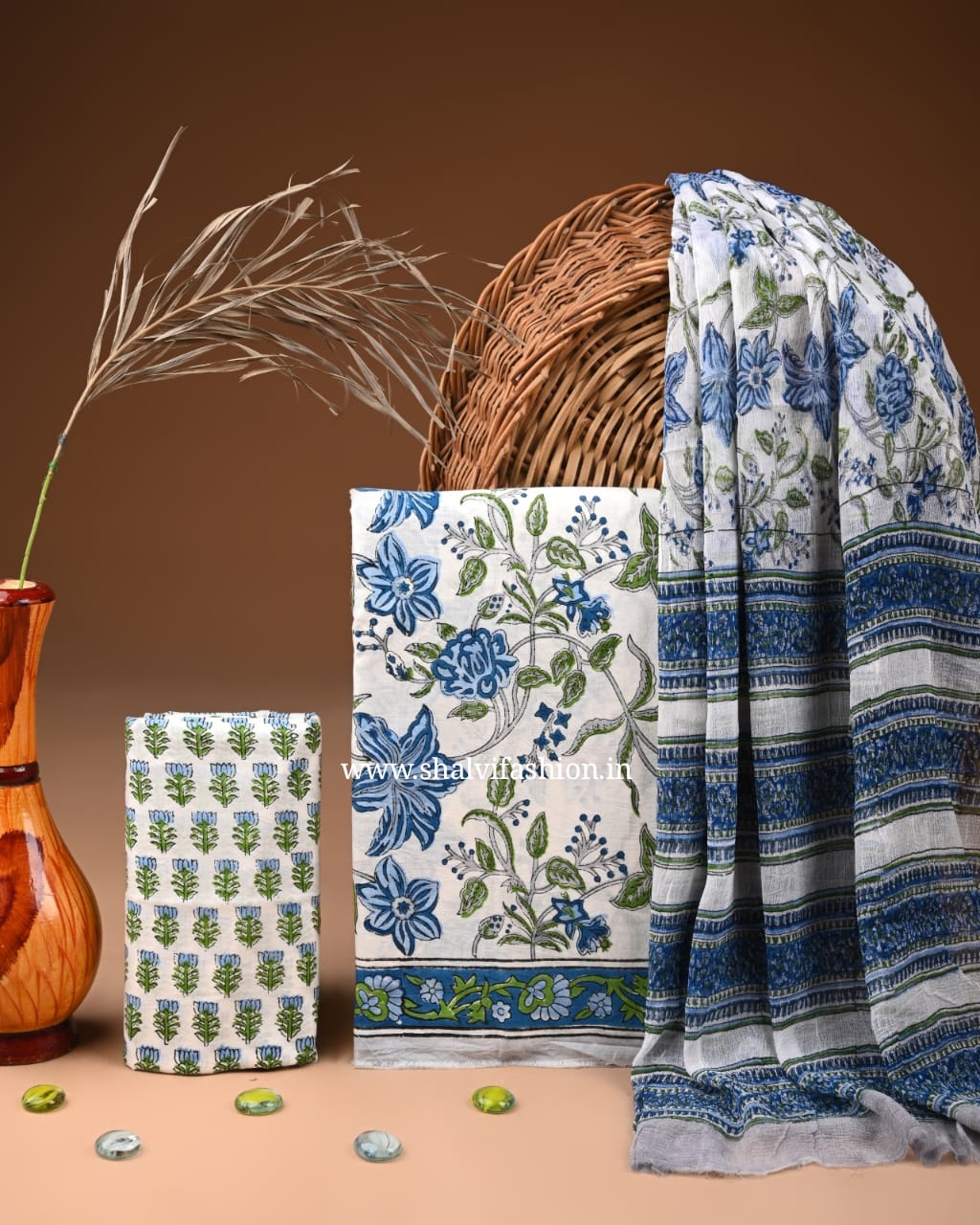 Shop block print chiffon dupatta cotton suits (PCHF575)