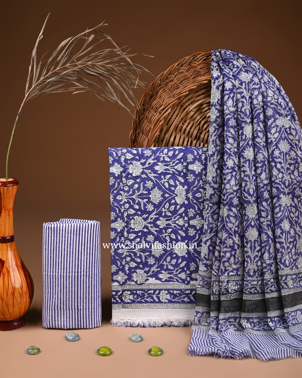 Shop unstitched block print cotton suits with chiffon dupatta (PCHF579)