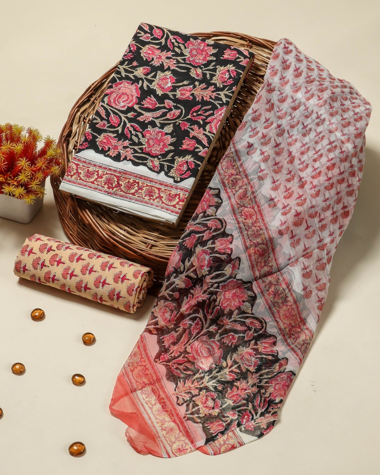 Shop hand block print cotton suit sets with chiffon dupatta (PCHF57)