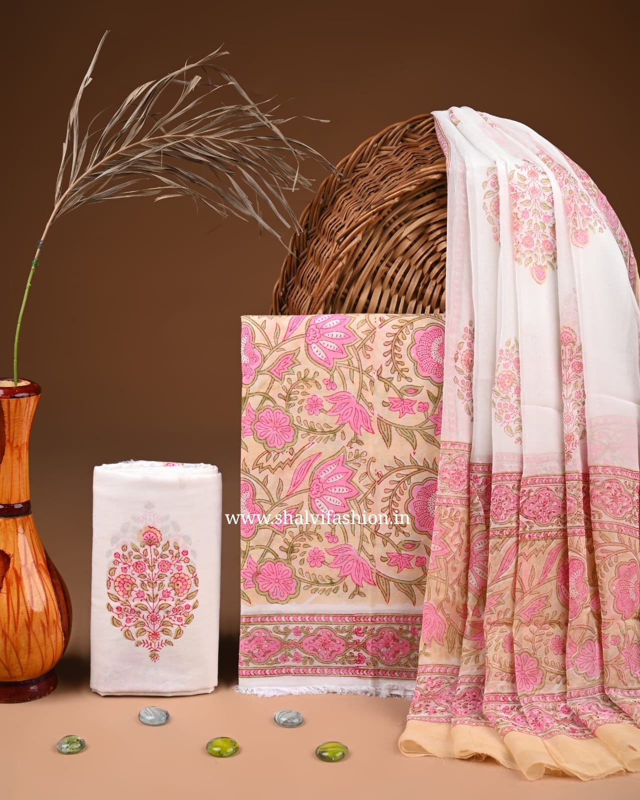 Shop hand block print chiffon dupatta cotton suits (PCHF582)