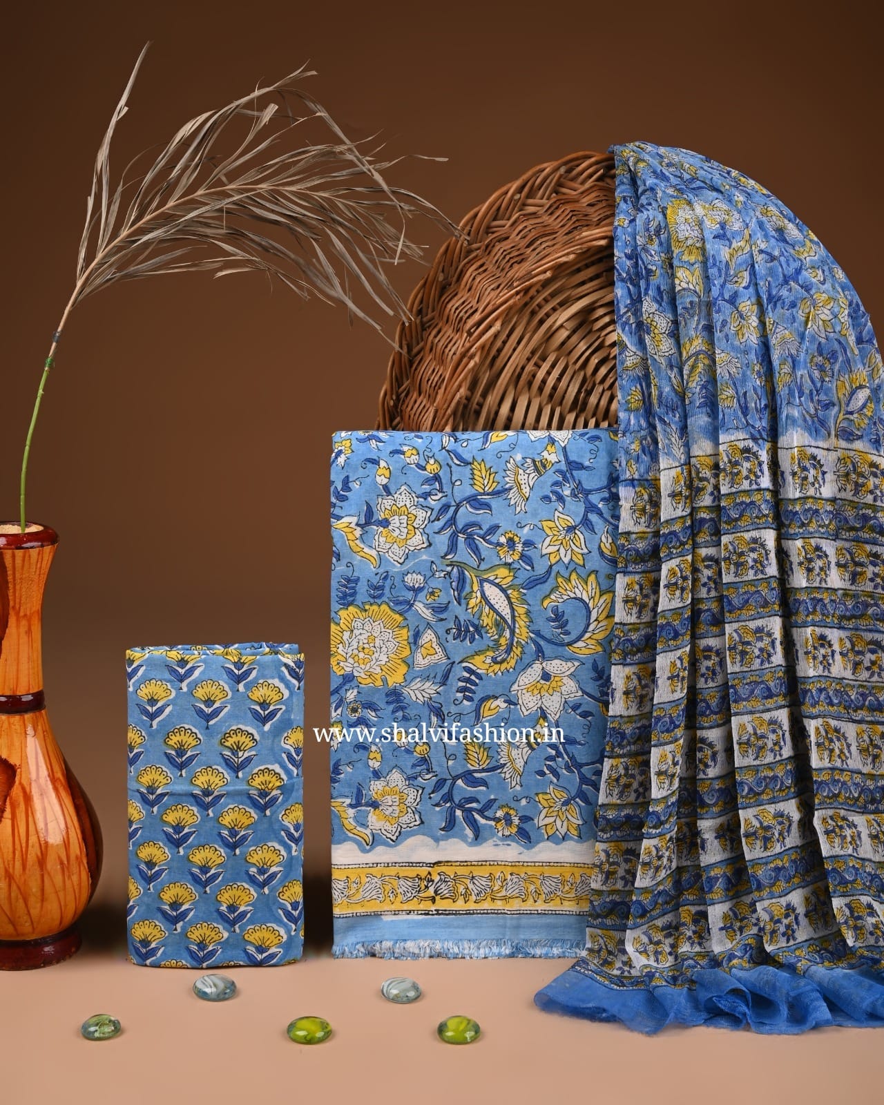 Shop block print chiffon dupatta cotton suits online (PCHF584)