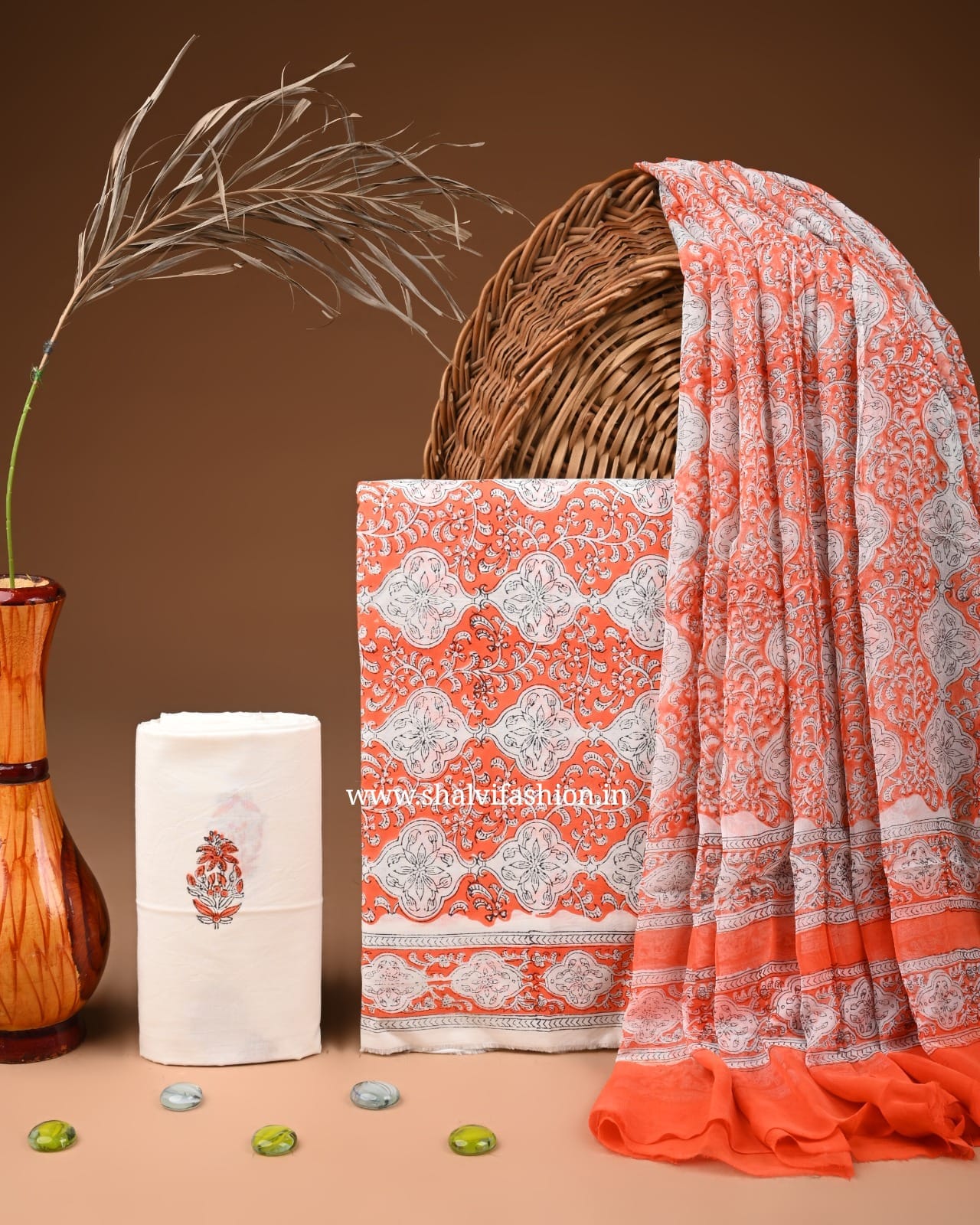 Shop block printed cotton suits with chiffon dupatta (PCHF587)
