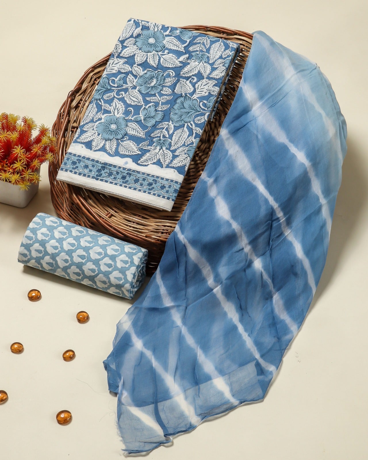 Shop chiffon dupatta hand block print cotton suit sets (PCHF58)