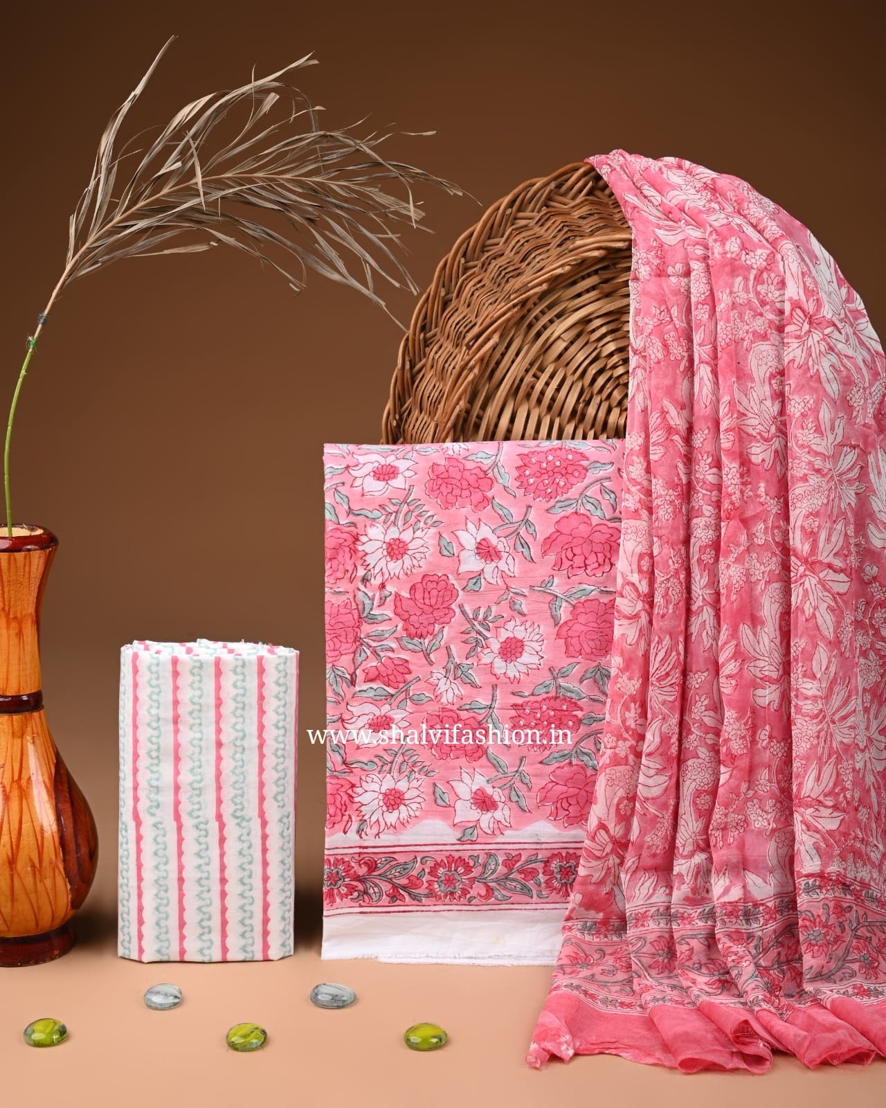 Shop block printed cotton suits with chiffon dupatta (PCHF590)