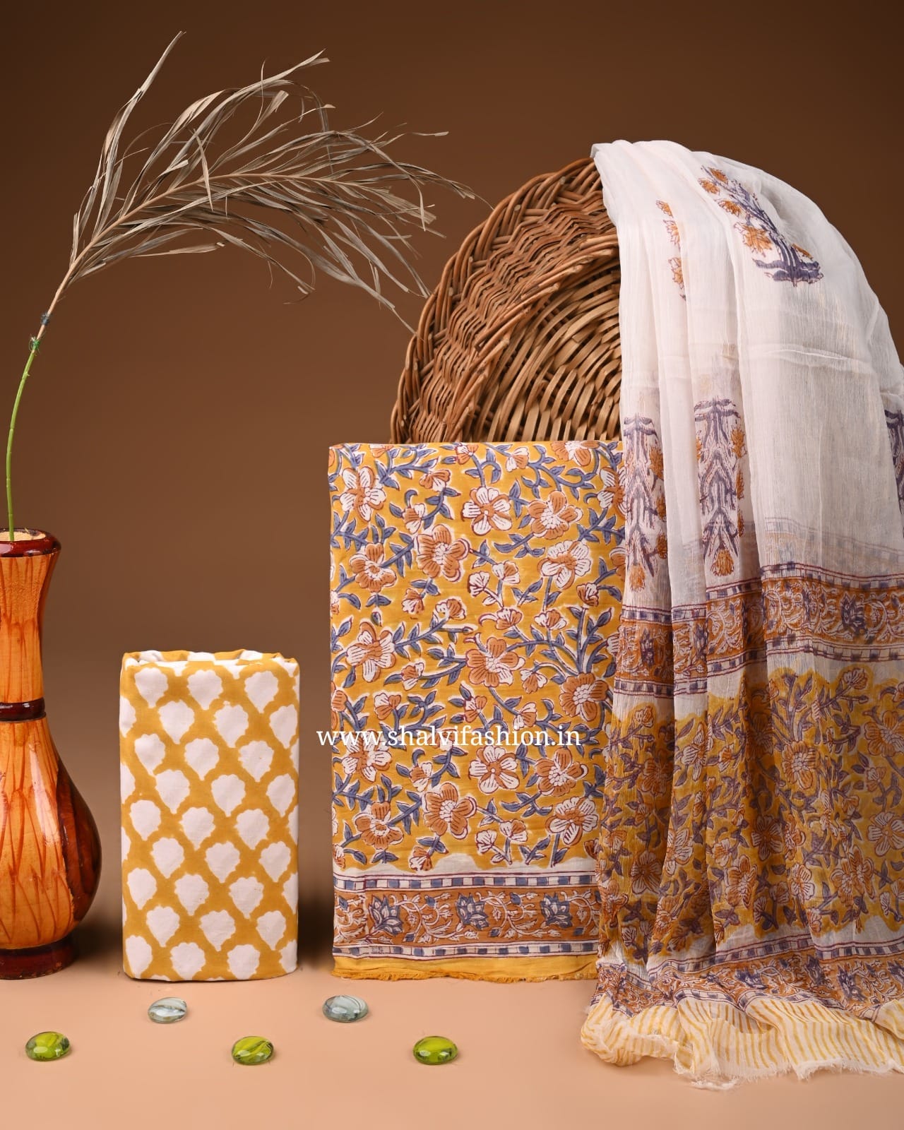 Shop block printed cotton suits with chiffon dupatta (PCHF591)