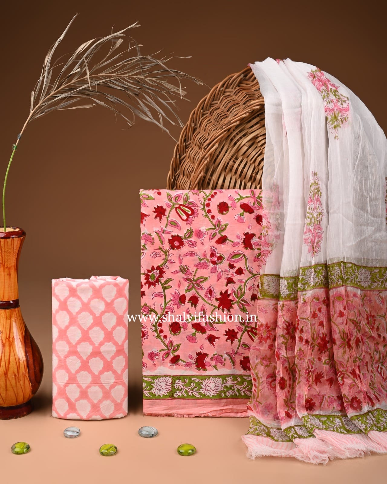 Shop block print cotton suits with chiffon dupatta online (PCHF592)