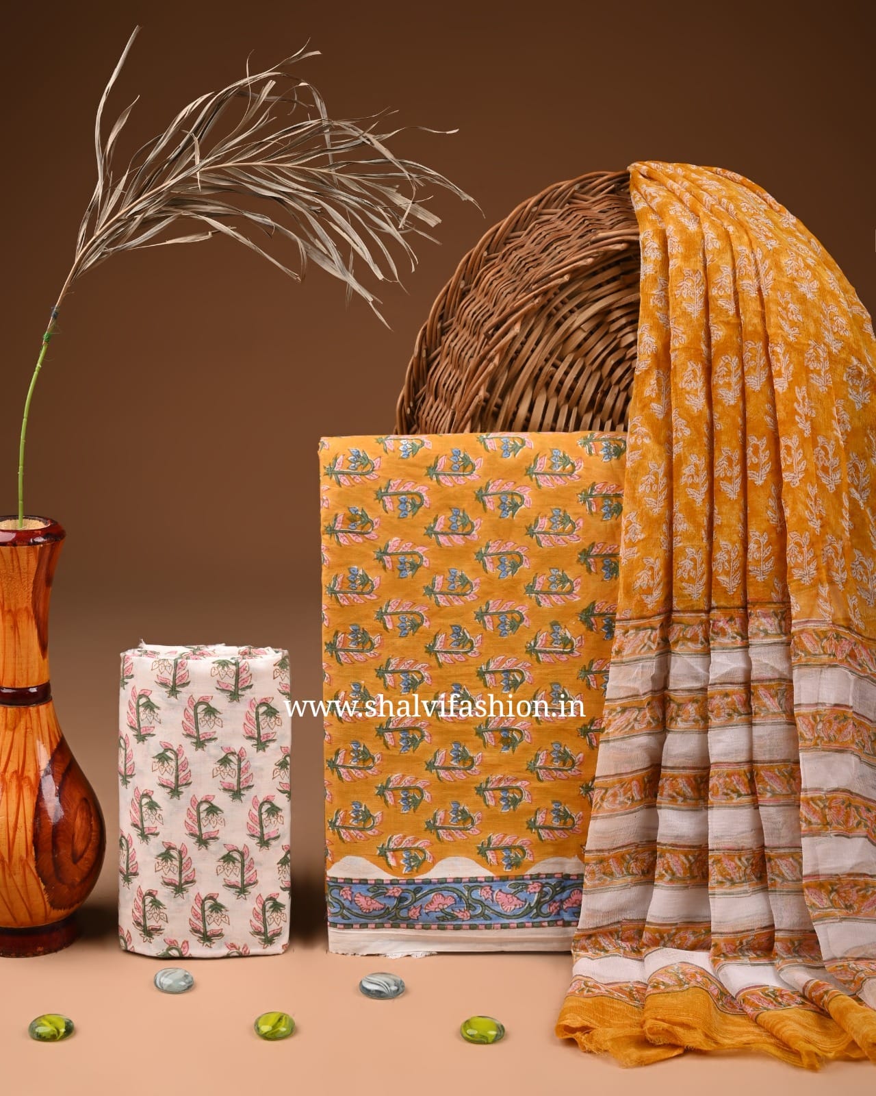 Shop block print cotton suits with chiffon dupatta (PCHF594)