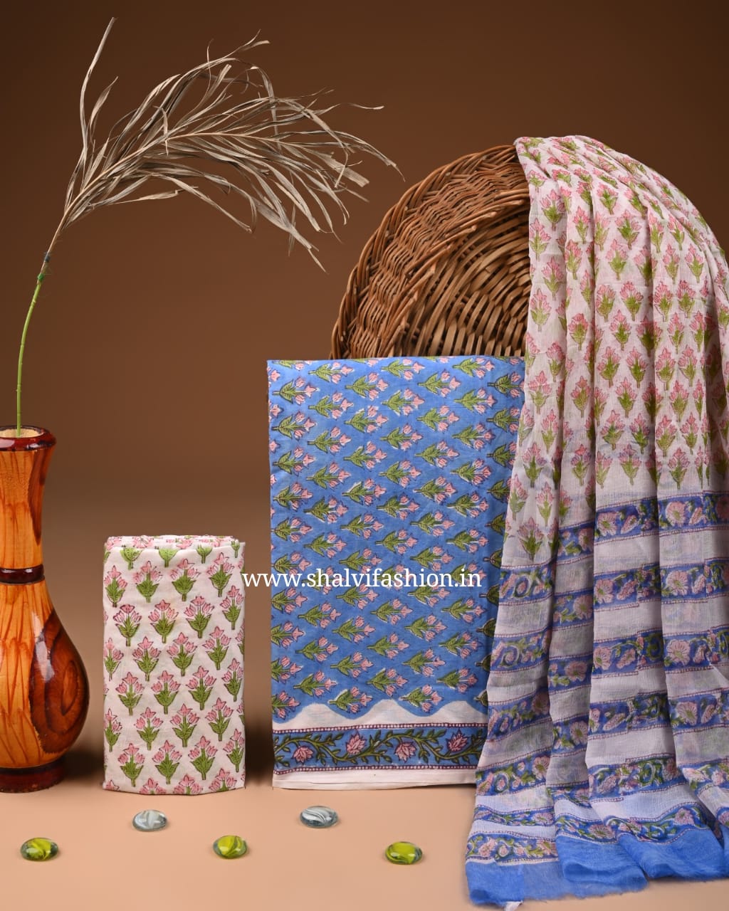 Shop block print chiffon dupatta cotton suits (PCHF599)