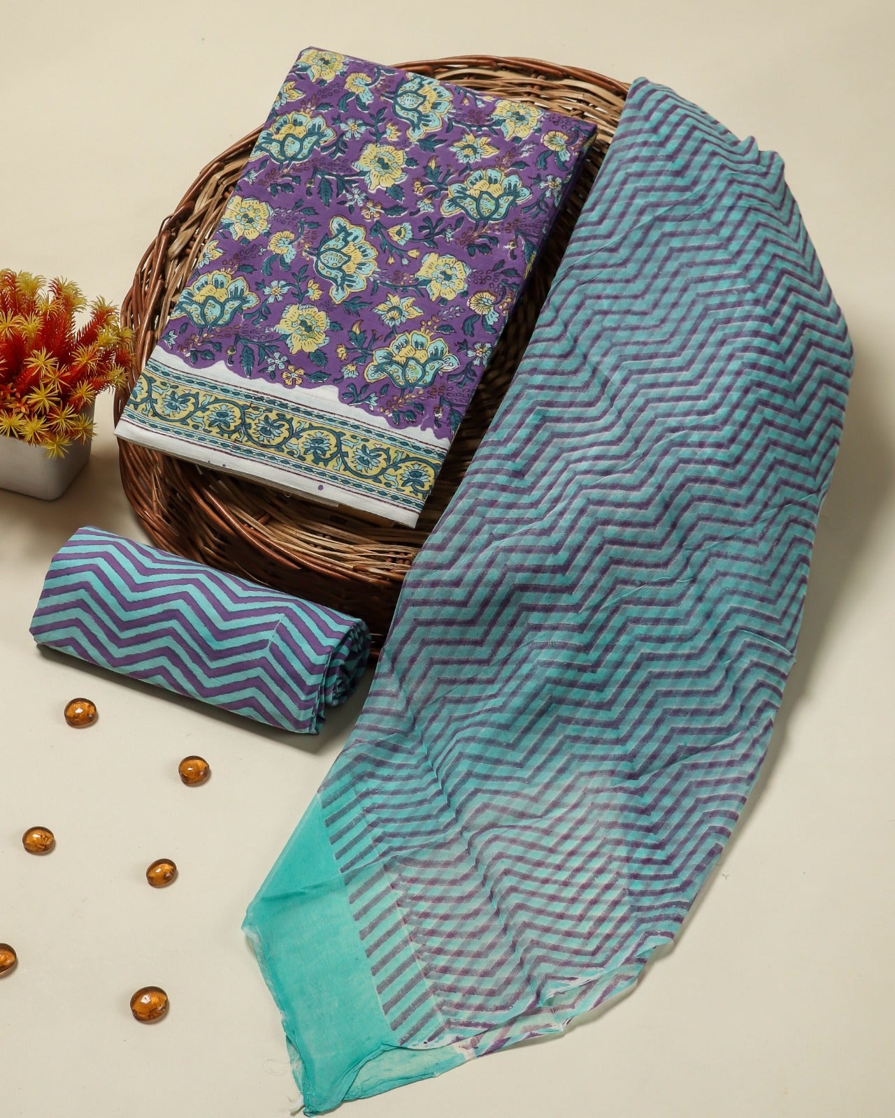 Shop jaipuri print cotton suit sets with chiffon dupatta (PCHF59)