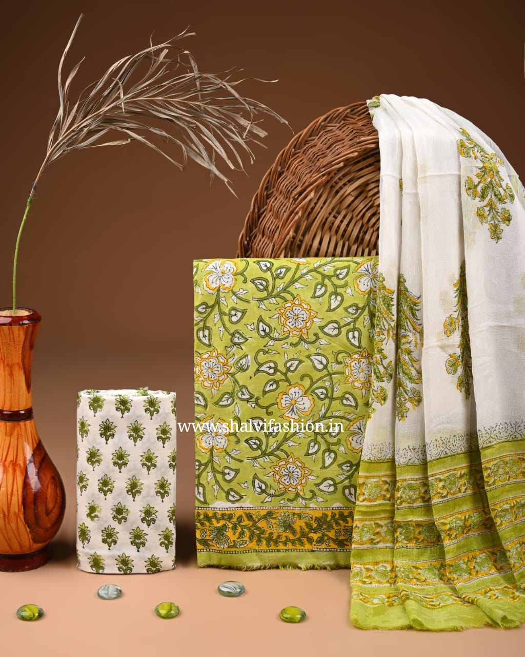 Shop sanganeri block print cotton suits with chiffon dupatta (PCHF601)