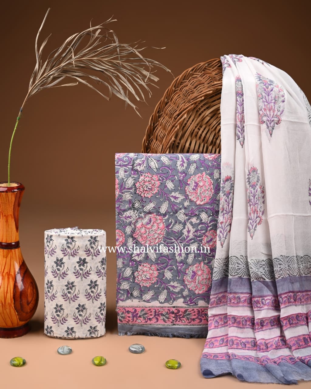 Shop block printed cotton suits with chiffon dupatta online (PCHF603)