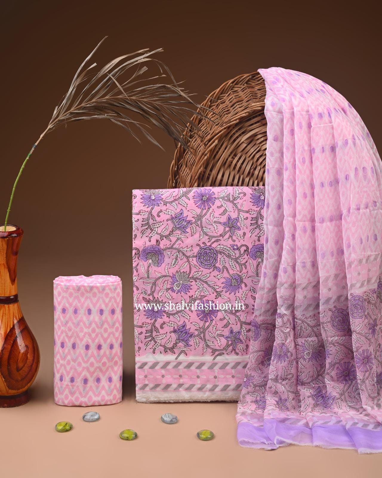 Shop block print cotton suits with chiffon dupatta (PCHF611)