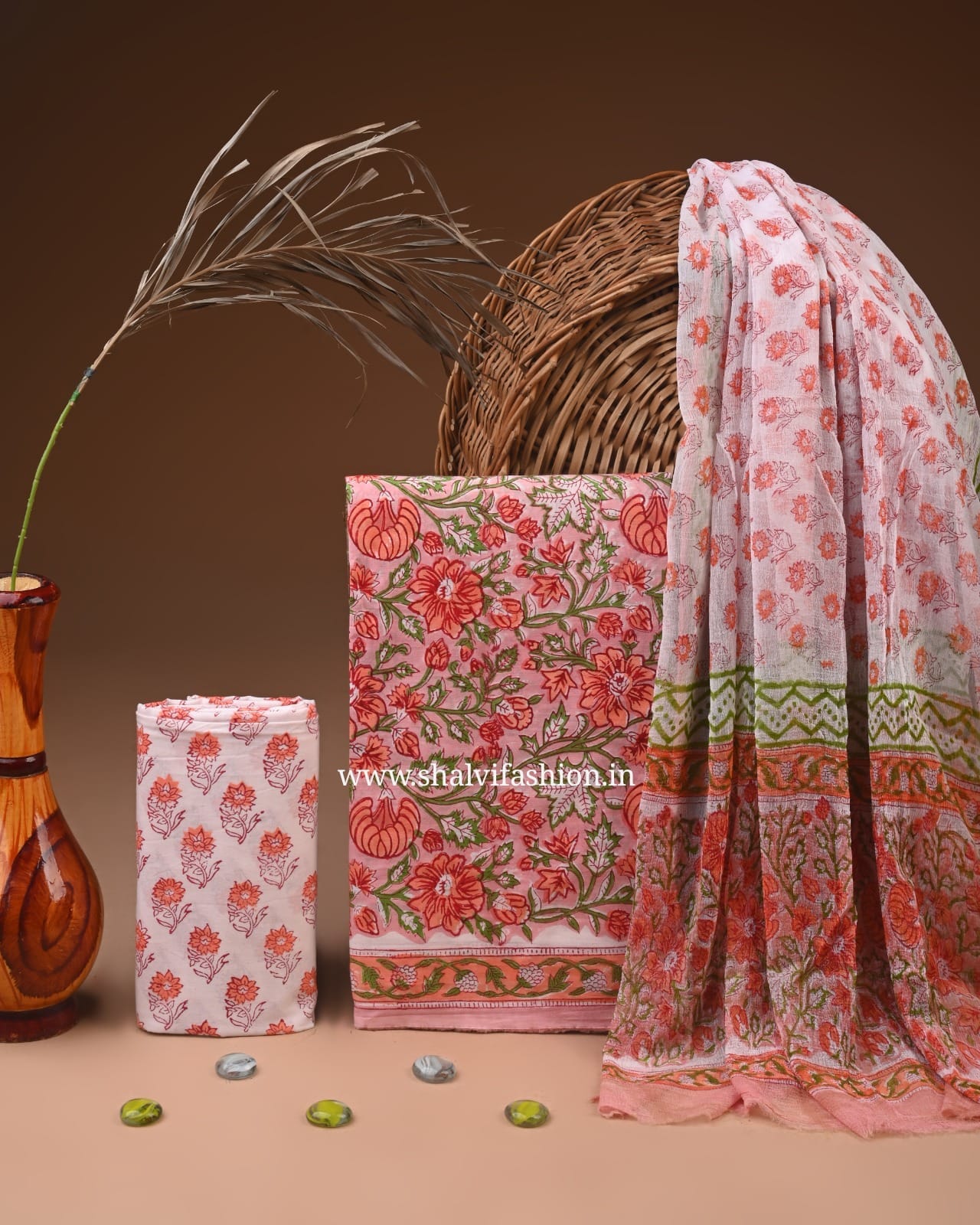 Shop block print chiffon dupatta cotton suits (PCHF613)